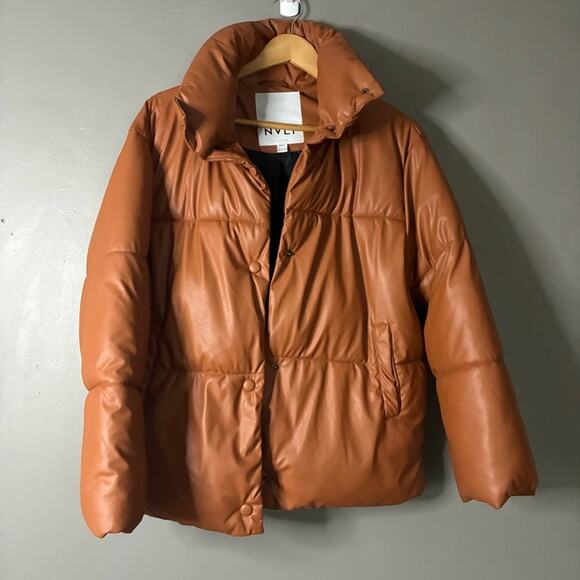 NVLT Cognac Oversized faux Leather Puffer Winter Coat Jacket down alternative XS - Picture 5 of 15